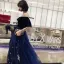 Modern / Fashion Navy Blue Evening Dresses  2019 A-Line / Princess V-Neck Glitter Star Rhinestone 1/2 Sleeves Backless Floor-Length / Long Formal Dresses