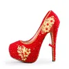 Style Chinois Rouge Perlage Chaussure De Mariée 2019 Fleur Gland 14 cm Talons Aiguilles À Bout Rond Mariage Escarpins