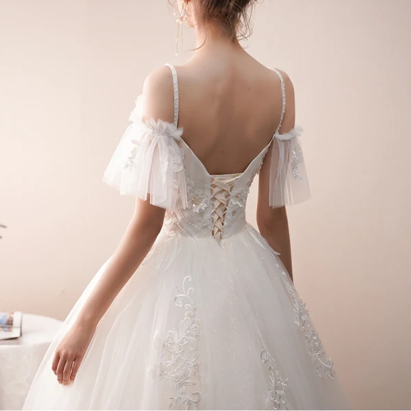 Charming Ivory Wedding Dresses 2019 A-Line / Princess Spaghetti Straps Beading Lace Flower Short Sleeve Backless Floor-Length / Long
