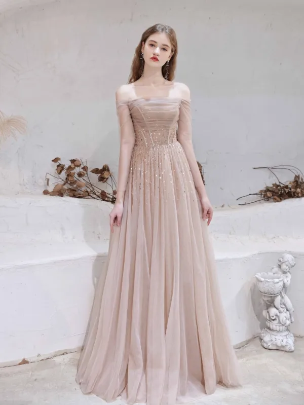 Charmant Rougissant Rose Robe De Soirée 2021 Princesse De l'épaule Perlage Étoile Paillettes 3/4 Manches Dos Nu Longue Robe De Ceremonie
