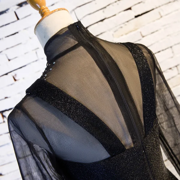 Elegant Vintage / Retro Black Prom Dresses 2019 A-Line / Princess High Neck Rhinestone Long Sleeve Floor-Length / Long Formal Dresses