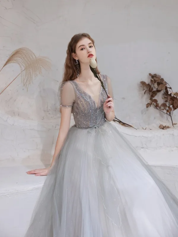 Fashion Grey Evening Dresses  2021 A-Line / Princess V-Neck Beading Rhinestone Sequins Short Sleeve Backless Floor-Length / Long Formal Dresses