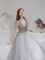 Fashion Grey Evening Dresses  2021 A-Line / Princess V-Neck Beading Rhinestone Sequins Short Sleeve Backless Floor-Length / Long Formal Dresses