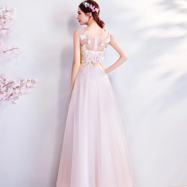 Chic / Beautiful Blushing Pink Evening Dresses  2018 A-Line / Princess Embroidered Butterfly Scoop Neck Sleeveless Ankle Length Formal Dresses