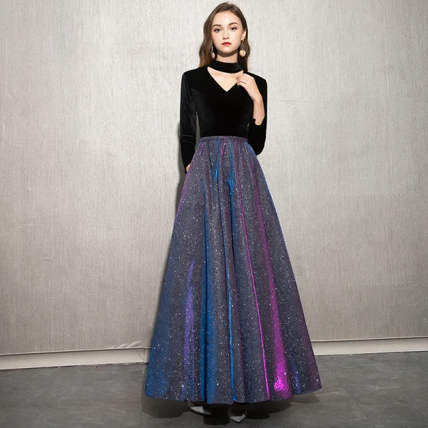 Sjarmerende Svart Stjernehimmelen Selskapskjoler 2019 Prinsesse Høy Hals Suede Glitter Polyester 3/4 Ermer Lange Formelle Kjoler