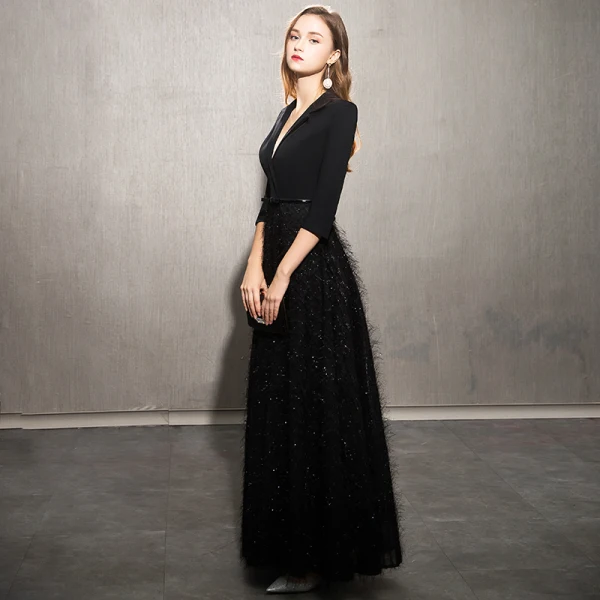 Élégant Noire Robe De Soirée 2019 Princesse V-Cou Noeud Paillettes Gland 3/4 Manches Longue Robe De Ceremonie