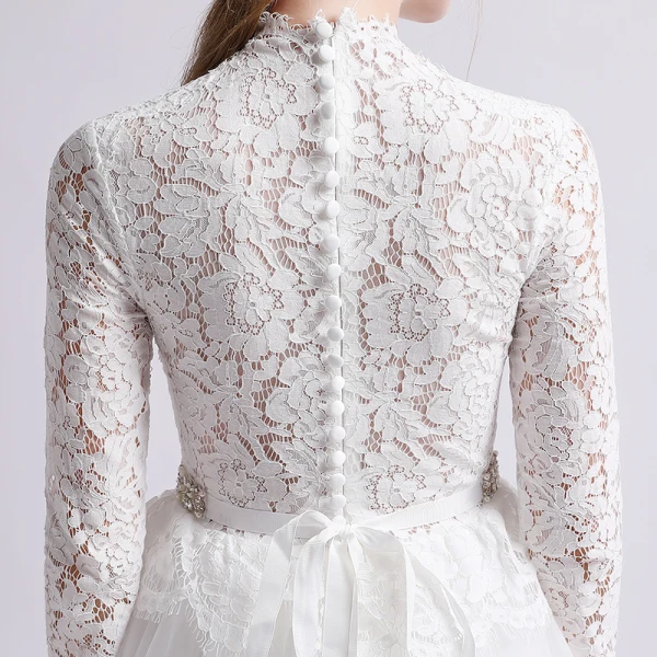 Vintage / Retro Ivory Beach Wedding Dresses 2019 A-Line / Princess High Neck Lace Bow 3/4 Sleeve Sweep Train