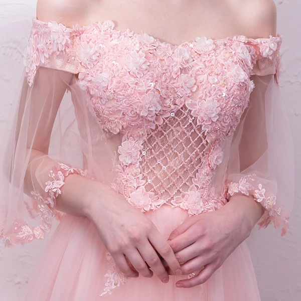 Chic / Belle Perle Rose Robe De Soirée 2018 Princesse Paillettes Appliques De l'épaule Dos Nu Manches Courtes Longue Robe De Ceremonie