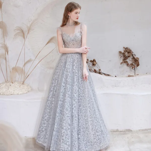 Sexy Silver Prom Dresses 2021 A-Line / Princess High Neck Beading Rhinestone Lace Flower Sleeveless Backless Floor-Length / Long Formal Dresses