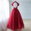 Chic / Belle Bordeaux Robe De Bal 2018 Princesse Fait main Perlage Paillettes En Dentelle Fleur Col Haut Manches Courtes Dos Nu Longueur Cheville Robe De Ceremonie