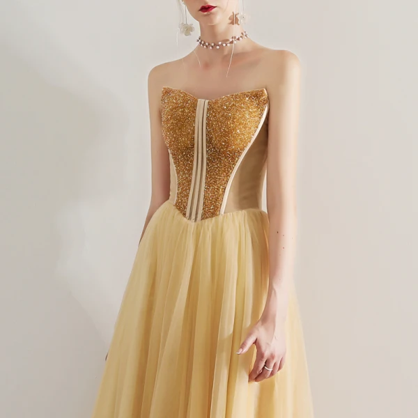 Sexy Gold Prom Dresses 2019 A-Line / Princess Strapless Beading Crystal Sleeveless Backless Floor-Length / Long Formal Dresses