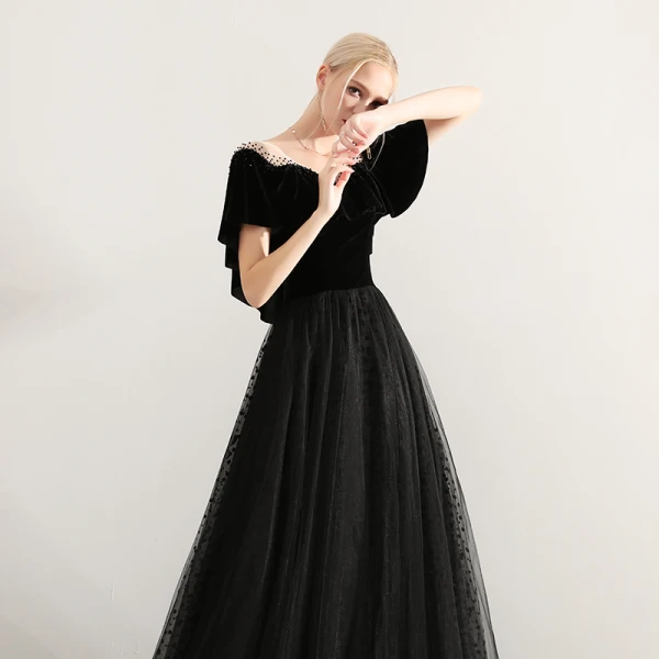 Elegant Black Prom Dresses 2019 A-Line / Princess V-Neck Suede Beading Short Sleeve Backless Floor-Length / Long Formal Dresses