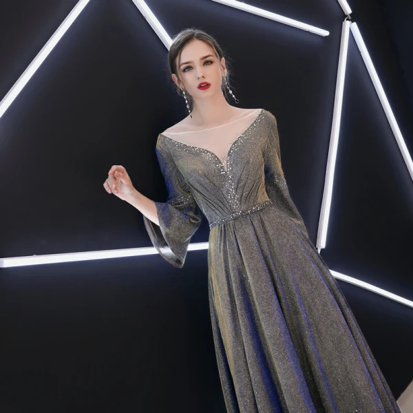 Elegant Grey Evening Dresses  2019 A-Line / Princess Scoop Neck Sequins 3/4 Sleeve Backless Floor-Length / Long Formal Dresses