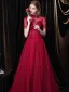 Élégant Bordeaux Robe De Soirée 2021 Princesse Col Haut Perlage Paillettes Manches Courtes Dos Nu Longue Robe De Ceremonie