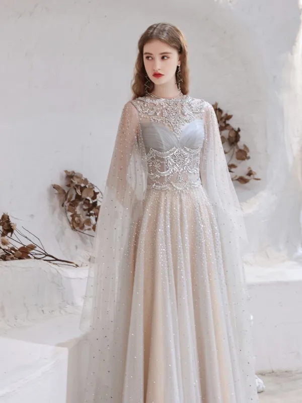 Charming High-end Grey Evening Dresses 2021 A-Line / Princess Scoop Neck Beading Rhinestone Sequins Sleeveless Floor-Length / Long Evening Party Formal Dresses