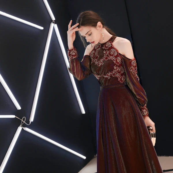 Chic / Belle Bordeaux Robe De Soirée Princesse Bustier En Dentelle Fleur Gonflée Manches Longues Dos Nu Longue Robe De Ceremonie