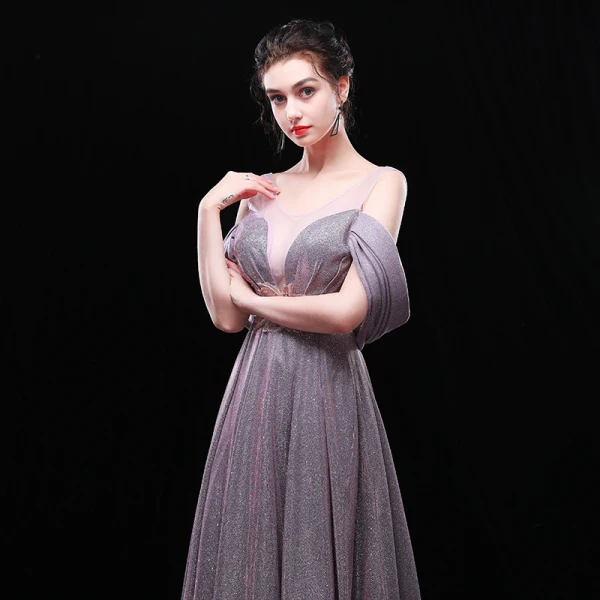 Charming Silver Evening Dresses  2019 A-Line / Princess V-Neck Glitter Polyester Lace Flower Sleeveless Backless Floor-Length / Long Formal Dresses