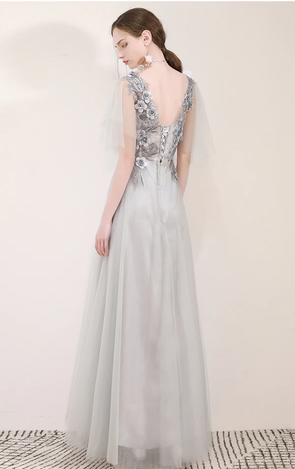 Elegant Grey Evening Dresses  2019 A-Line / Princess V-Neck Appliques Lace Flower Pearl Rhinestone Short Sleeve Backless Floor-Length / Long Formal Dresses