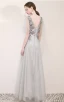 Elegant Grey Evening Dresses  2019 A-Line / Princess V-Neck Appliques Lace Flower Pearl Rhinestone Short Sleeve Backless Floor-Length / Long Formal Dresses