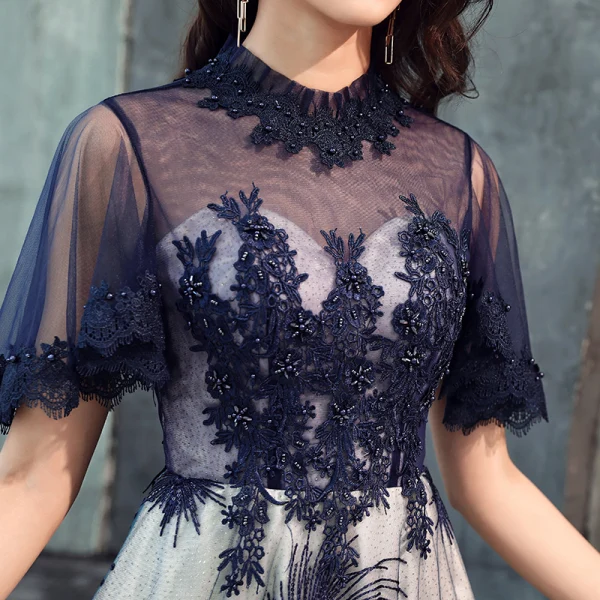 Elegant Navy Blue Evening Dresses  2019 A-Line / Princess Scoop Neck Beading Lace Flower Short Sleeve Backless Floor-Length / Long Formal Dresses