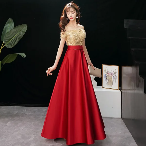 Charming Gold Evening Dresses A-Line / Princess 2019 Off-The-Shoulder Sequins Tassel Short Sleeve Backless Floor-Length / Long Formal Dresses