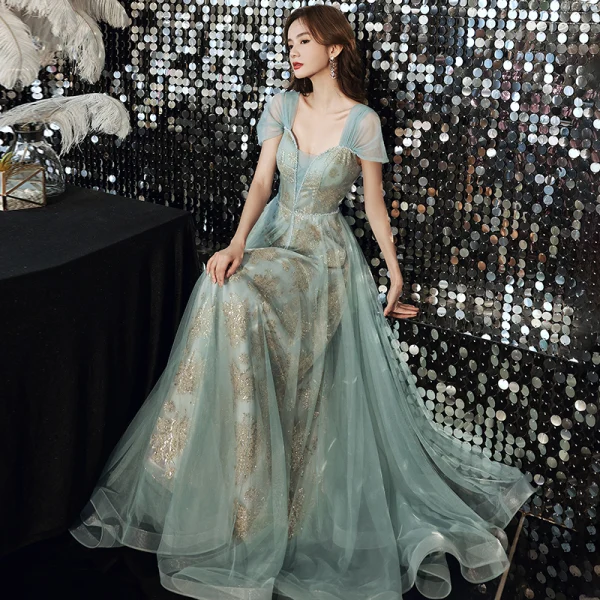 Fashion Green Evening Dresses  2021 A-Line / Princess Square Neckline Sequins Lace Flower Sleeveless Backless Floor-Length / Long Evening Party Formal Dresses