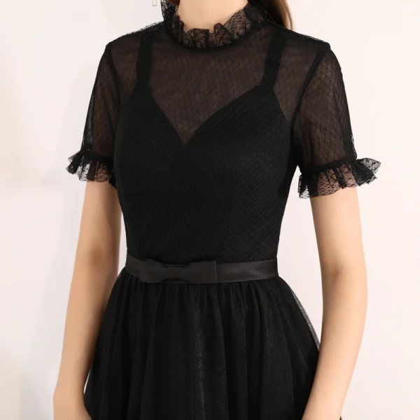 Chic / Beautiful Black Homecoming Graduation Dresses 2019 A-Line / Princess Scoop Neck Short Sleeve Bow Tea-length Formal Dresses