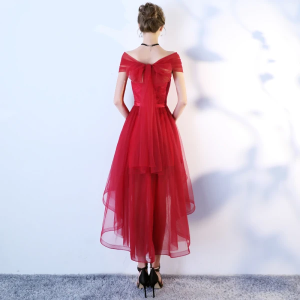 Chic / Beautiful Burgundy Cocktail Dresses 2019 A-Line / Princess Off-The-Shoulder Lace Flower Bow Short Sleeve Asymmetrical Formal Dresses