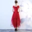 Chic / Beautiful Burgundy Cocktail Dresses 2019 A-Line / Princess Off-The-Shoulder Lace Flower Bow Short Sleeve Asymmetrical Formal Dresses