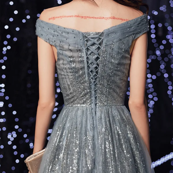 Charmant Océan Bleu Robe De Soirée 2021 Princesse De l'épaule Glitter Paillettes Sans Manches Dos Nu Longue Soirée Robe De Ceremonie