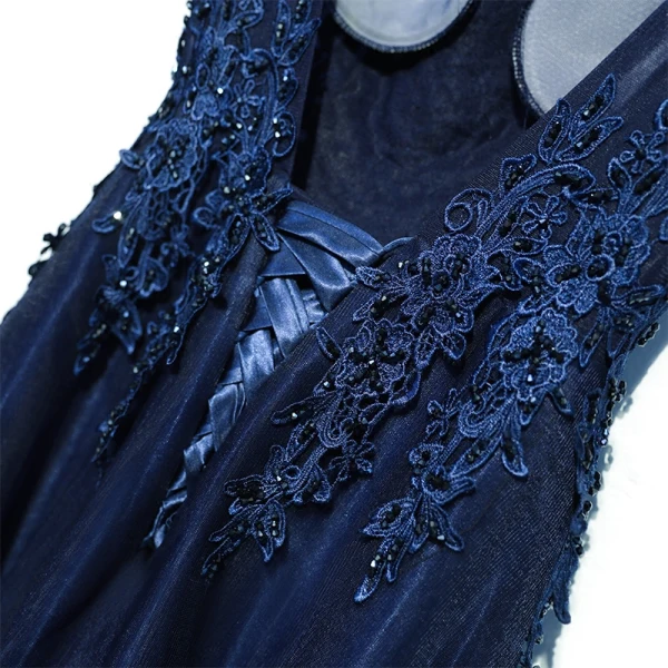 Chic / Beautiful Navy Blue Wedding Party Dresses Bridesmaid Dresses 2017 Lace Sequins Flower Backless Sleeveless Floor-Length / Long A-Line / Princess
