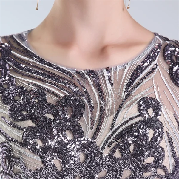 Charming Grey Evening Dresses  2019 A-Line / Princess Scoop Neck Lace Sequins Short Sleeve Floor-Length / Long Formal Dresses