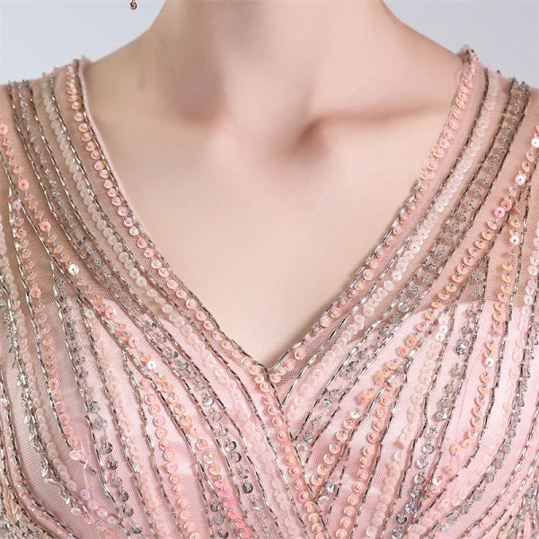 Luxe Rougissant Rose Fait main Perlage Robe De Soirée 2019 Princesse V-Cou Appliques Cristal Paillettes Noeud 1/2 Manches Longue Robe De Ceremonie