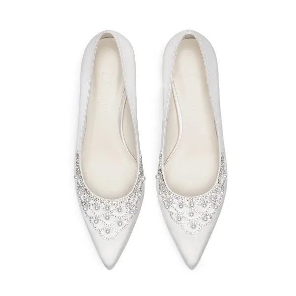 Élégant Ivoire Perle Faux Diamant Chaussure De Mariée 2021 Cuir Satin 7 cm Talons Aiguilles À Bout Pointu Mariage Escarpins Talons Hauts
