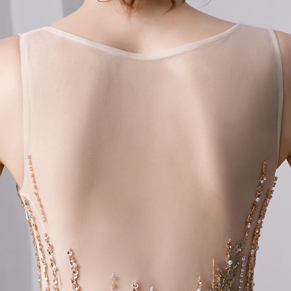 Luxe Doré Fait main Perlage Robe De Soirée 2019 Princesse Encolure Dégagée Cristal En Dentelle Fleur Perle Paillettes Sans Manches Longue Robe De Ceremonie