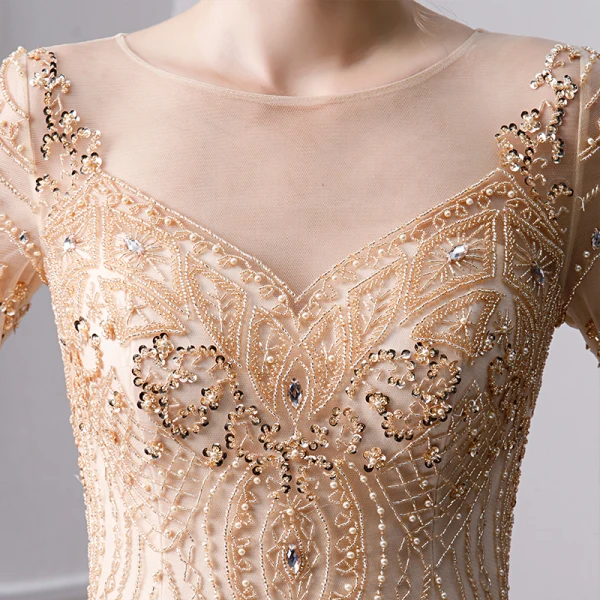 Luxury / Gorgeous Gold Handmade Beading Evening Dresses 2019 Trumpet / Mermaid Scoop Neck Pearl Crystal Rhinestone Sequins 3/4 Sleeve Floor-Length / Long Formal Dresses