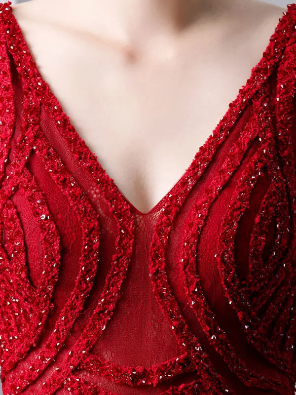 Luxury / Gorgeous Burgundy Handmade  Beading Evening Dresses  2019 Trumpet / Mermaid V-Neck Crystal Lace Flower Sequins Sleeveless Sweep Train Formal Dresses