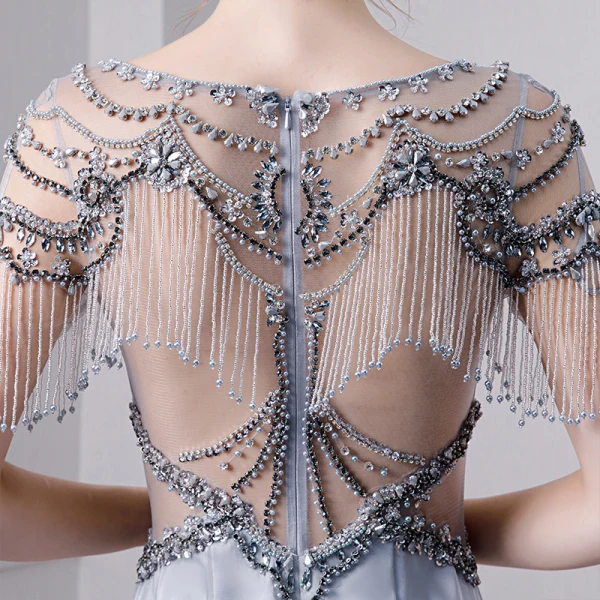 Luxury / Gorgeous Silver Handmade Beading Evening Dresses 2019 Trumpet / Mermaid Scoop Neck Pearl Tassel Crystal Sequins Short Sleeve Sweep Train Formal Dresses
