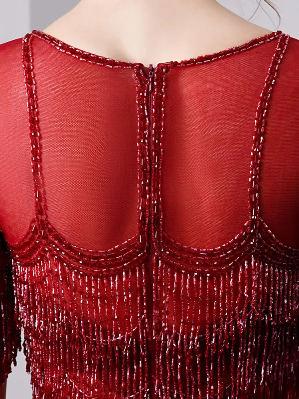 Luxury / Gorgeous Burgundy Evening Dresses  2019 Trumpet / Mermaid Scoop Neck Beading Crystal Tassel Short Sleeve Sweep Train Formal Dresses