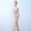 Élégant Champagne Robe De Soirée 2019 Trompette / Sirène Col Haut Perlage Gland Perle Appliques En Dentelle Fleur Manches Courtes Train De Balayage Robe De Ceremonie