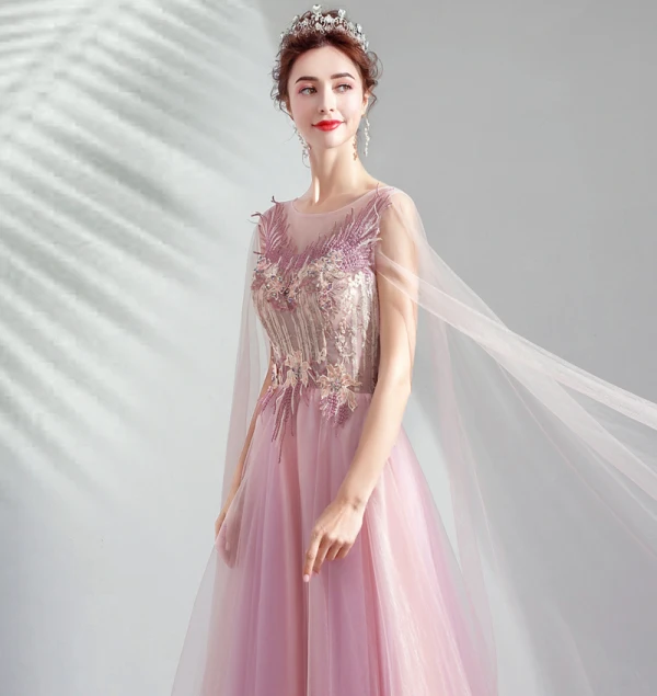 Élégant Rose Bonbon Robe De Ceremonie 2019 Princesse Encolure Dégagée En Dentelle Fleur Cristal Manches Courtes Dos Nu Longue Robe De Bal