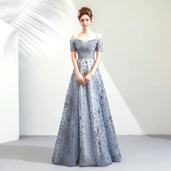 Elegante Silber Abendkleider 2019 A Linie Off Shoulder Glanz Tülle Pailletten Kurze Ärmel Rückenfreies Lange Festliche Kleider