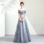 Elegante Silber Abendkleider 2019 A Linie Off Shoulder Glanz Tülle Pailletten Kurze Ärmel Rückenfreies Lange Festliche Kleider