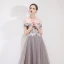 Chic / Beautiful Grey Evening Dresses  2019 A-Line / Princess Off-The-Shoulder Lace Flower Appliques Short Sleeve Backless Floor-Length / Long Formal Dresses