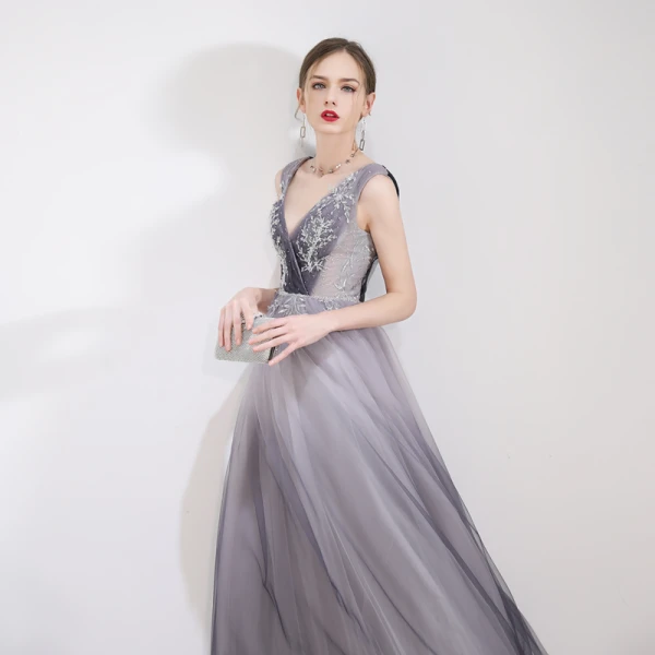 Elegant Grey Evening Dresses  2019 A-Line / Princess V-Neck Crystal Lace Flower Sleeveless Backless Floor-Length / Long Formal Dresses
