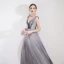 Elegant Grey Evening Dresses  2019 A-Line / Princess V-Neck Crystal Lace Flower Sleeveless Backless Floor-Length / Long Formal Dresses
