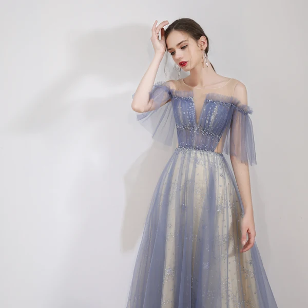 Élégant Bleu Ciel Robe De Soirée 2019 Princesse De l'épaule Perlage En Dentelle Fleur Paillettes Manches Courtes Dos Nu Longue Robe De Ceremonie