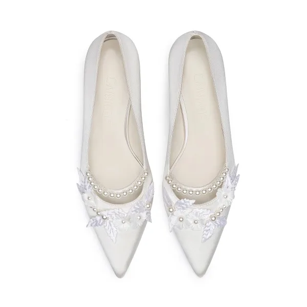 Élégant Ivoire Perle Chaussure De Mariée 2021 Cuir 7 cm Talons Aiguilles À Bout Pointu Mariage Escarpins Talons Hauts