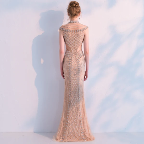 Luxury / Gorgeous Champagne Handmade  Beading Evening Dresses  2019 Trumpet / Mermaid High Neck Crystal Rhinestone Sleeveless Floor-Length / Long Formal Dresses