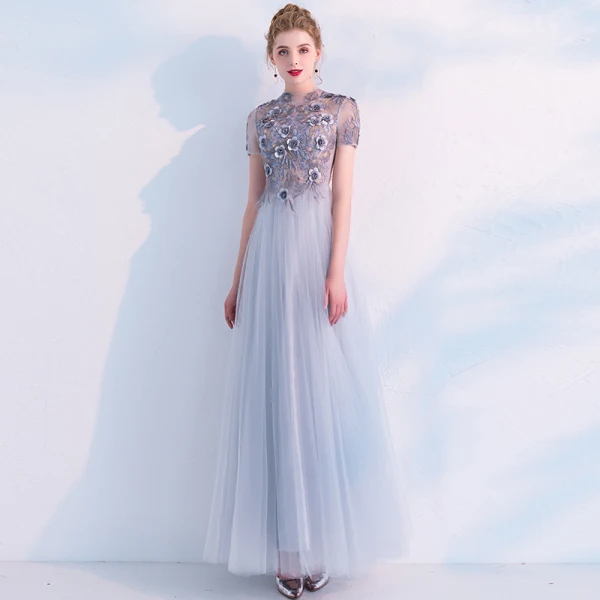 Elegant Grey Prom Dresses 2019 A-Line / Princess High Neck See-through Lace Flower Appliques Pearl Short Sleeve Floor-Length / Long Formal Dresses